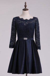 3/4 Length Sleeve Bridesmaid Dresses A Line Bateau Satin & Lace Open Back Black