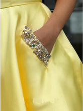 Load image into Gallery viewer, Charming A Line Yellow Satin Strapless Beads Party Dresses with Pockets SJS15568