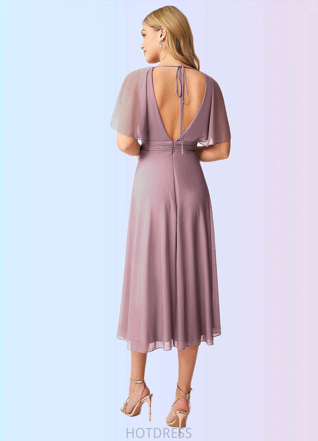 Gracelyn A-Line Pleated Mesh Tea-Length Dress P0019703