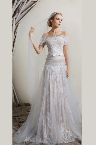 White A Line Brush Train Off Shoulder Short Sleeves Lace Beach Wedding Dresses