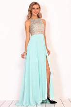 Load image into Gallery viewer, Prom Dresses Scoop Chiffon With Beads And Slit A Line Open Back