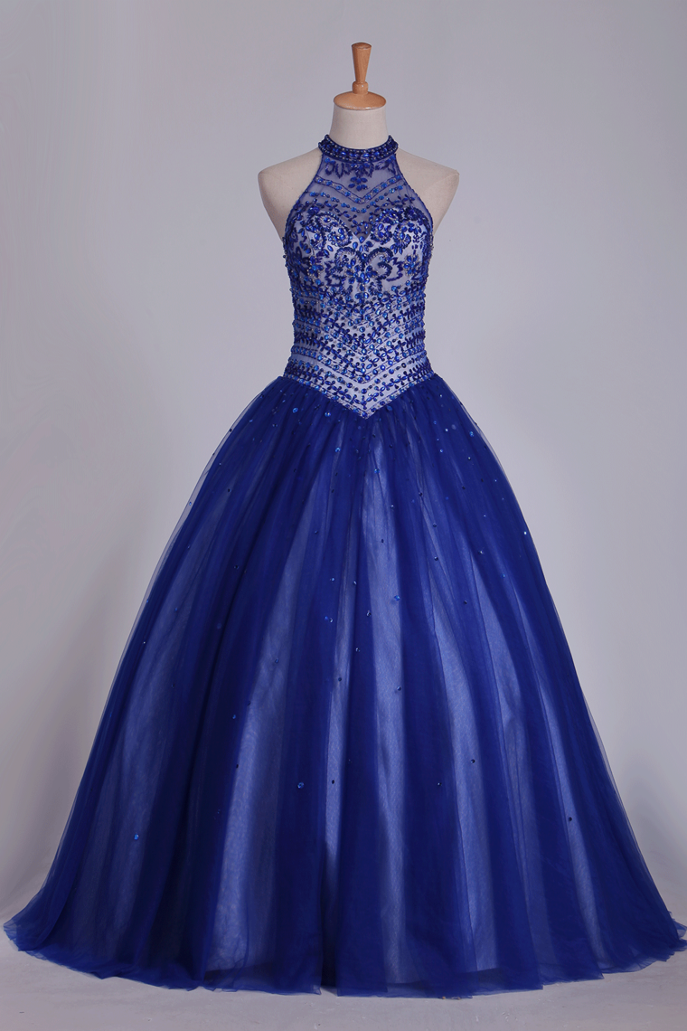 Dark Royal Blue Halter Quinceanera Dresses Ball Gown Tulle With Beads & Rhinestones