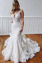 Load image into Gallery viewer, Stunning Mermaid Lace V Neck Backless Wedding Dresses Straps Wedding Gowns SJS15438