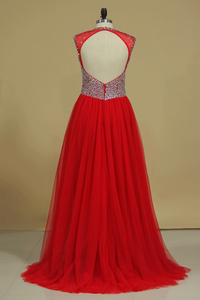 V Neck Beaded Bodice Tulle Prom Dresses A Line Sweep Train