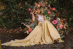 Chic Two Pieces Yellow Long Country Wedding Dresses With Lace, Cheap Prom Dresses SJS15508