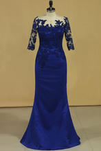 Load image into Gallery viewer, Bateau Dark Royal Blue Mother Of The Bride Dresses 3/4 Length Sleeve With Applique Satin Dark Royal Blue