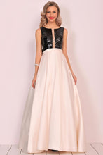 Load image into Gallery viewer, A Line Scoop Satin Prom Dresses With Sequins&amp;Bow Floor Length