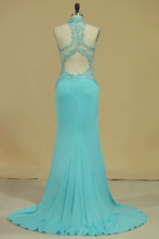 Load image into Gallery viewer, High Neck Open Back Prom Dresses With Applique Sweep Train Spandex
