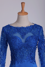 Load image into Gallery viewer, Royal Blue Prom Dresses Long Sleeves Mermaid/Trumpet Satin With Applique Backless