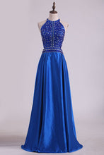 Load image into Gallery viewer, Satin Prom Dresses Scoop Beaded Bodice Open Back A Line Floor Length