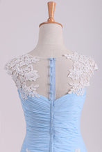 Load image into Gallery viewer, Chiffon Prom Dress Bateau Neckline Pleated Bodice With Applique