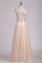 Load image into Gallery viewer, Beaded Bodice V Neck Backless A Line/Princess Prom Dress With Tulle Skirt