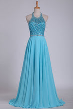 Load image into Gallery viewer, Sexy Open Back Halter Chiffon &amp; Tulle With Beading A Line Prom Dresses