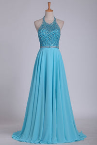 Sexy Open Back Halter Chiffon & Tulle With Beading A Line Prom Dresses
