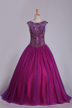Load image into Gallery viewer, Quinceanera Dresses Cap Sleeves Beaded Bodice Tulle Court Train