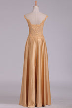Load image into Gallery viewer, Beteau A Line Satin Prom Dresses With Applique Floor Length