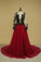 Long Sleeves Scoop Tulle With Slit And Applique A Line Prom Dresses