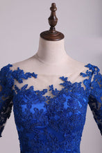 Load image into Gallery viewer, Hot Bateau Dark Royal Blue Mother Of The Bride Dresses 3/4 Length Sleeve With Applique Satin