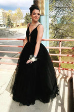 Load image into Gallery viewer, Charming A Line Black Spaghetti Straps Tulle V Neck Prom Dresses, Long Evening Dresses SJS15501