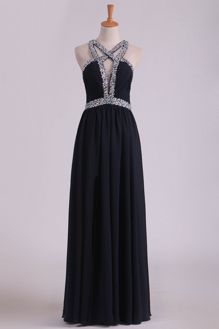 Sexy Open Back A Line Prom Dresses Chiffon With Beads And Slit