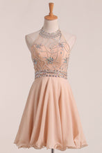 Load image into Gallery viewer, Chiffon&amp;Tulle Halter A Line Homecoming Dress Beaded Bodice Short/Mini