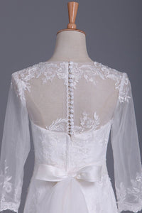 Scoop 3/4 Length Sleeve Mermaid Wedding Dress Tulle With Sash Court Train