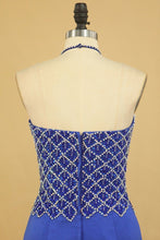 Load image into Gallery viewer, Dark Royal Blue Halter Mermaid Prom Dresses Beaded Bodice Satin Sweep Train