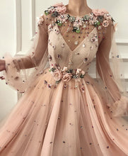 Load image into Gallery viewer, Charming A Line Long Sleeve Long Party Dresses Flowers Tulle Beads Formal Dresses SJS15090
