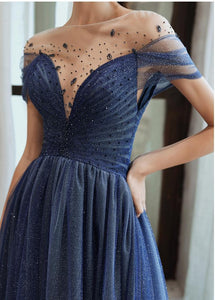 Charming A Line Blue Ombre Tulle Prom Dresses with Open Back, Evening SJS15622