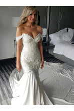 Load image into Gallery viewer, Off Shoulder Lace Appliques Mermaid Wedding Dress With SJSPARQXA2C