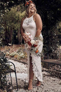 Charming Sheath Lace Bridal Gown with Slit Open Back Ivory Boho Wedding Dresses SJS15124