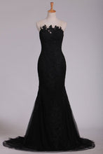 Load image into Gallery viewer, Black Evening Dresses Scoop Tulle With Applique Sweep Train Mermaid/Trumpet