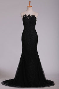 Black Evening Dresses Scoop Tulle With Applique Sweep Train Mermaid/Trumpet