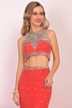 Load image into Gallery viewer, Boat Neck Lace With Beading&amp;Rhinestones Mermaid Sweep Train Prom Dresses