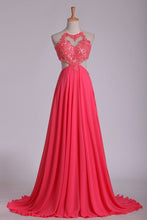 Load image into Gallery viewer, Sexy Open Back Halter A Line Prom Dresses Chiffon With Applique Sweep Train