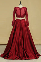 Load image into Gallery viewer, Two-Piece Scoop A Line Satin With Beads And Applique Prom Dresses