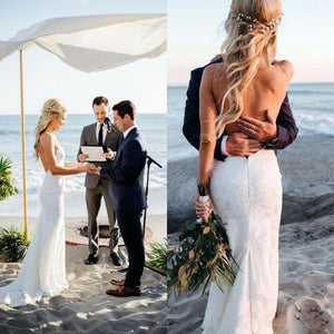 Spaghetti Straps V Neck Lace Wedding Dresses, Backless Mermaid Beach Wedding Gowns SJS15423