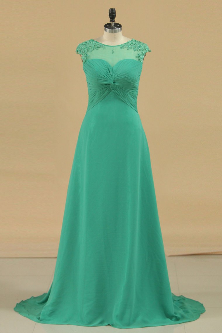 Evening Dresses A Line Scoop Cap Sleeves Chiffon With Applique & Beads