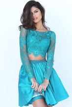 Load image into Gallery viewer, Two Pieces Homecoming Dresses Satin &amp; Lace Long Sleeve Short/Mini