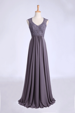 Load image into Gallery viewer, V-Neck A Line Bridesmaid Dresses Floor Length Lace &amp; Chiffon