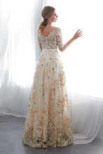 Load image into Gallery viewer, Charming A Line Floral Scoop Prom Dresses 3/4 Sleeves Empire Waist Long Evening Gowns SJS15088