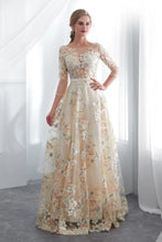 Load image into Gallery viewer, Charming A Line Floral Scoop Prom Dresses 3/4 Sleeves Empire Waist Long Evening Gowns SJS15088