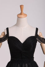 Load image into Gallery viewer, Black Straps A Line Homecoming Dresses Lace With Ruffles &amp; Beads