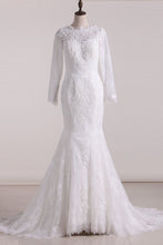 Load image into Gallery viewer, Wedding Dresses Scoop Long Sleeves Open Back Lace With Applique