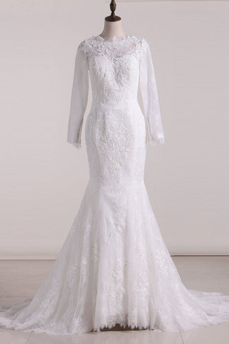 Wedding Dresses Scoop Long Sleeves Open Back Lace With Applique