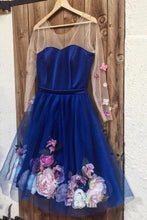 Load image into Gallery viewer, Unique Long Sleeve Blue Short Prom Dresses With 3D Appliques, Homecoming Dress SJS15604