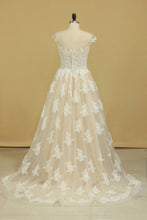Load image into Gallery viewer, Court Train Scoop  A Line Wedding Dresses Tulle With Applique
