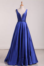 Load image into Gallery viewer, A Line Prom Dresses Straps Beaded Waistline Satin Floor Length