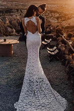 Load image into Gallery viewer, Charming Sheath Lace Bridal Gown with Slit Open Back Ivory Boho Wedding Dresses SJS15124