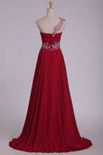 Load image into Gallery viewer, Chiffon One Shoulder With Beads And Ruffles A Line Prom Dress